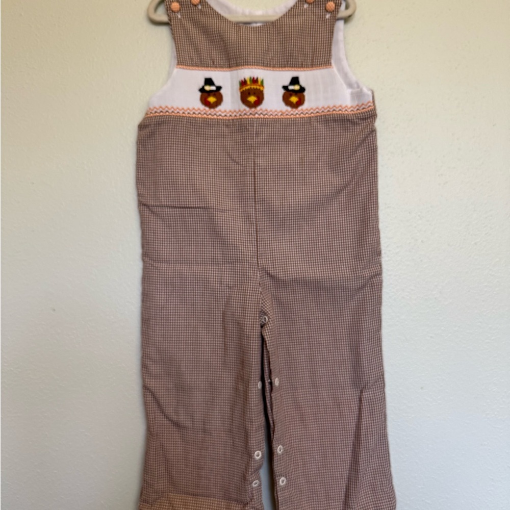 Brown Gingham Kids Thanksgiving Pilgrim Smock Jon Jon Overalls - Picture 2 of 4